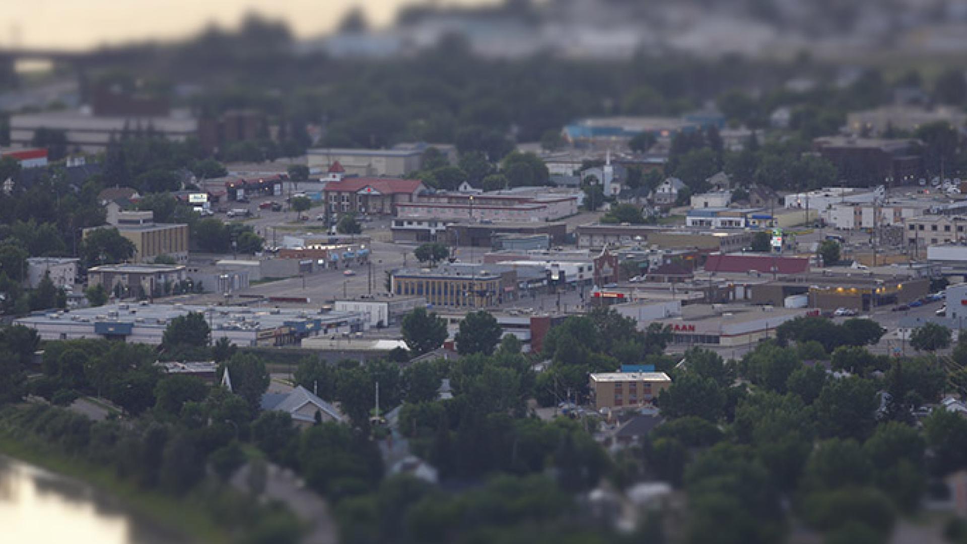 Aerial view of Peace River town and trees