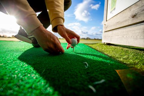 person placing golf ball on tee