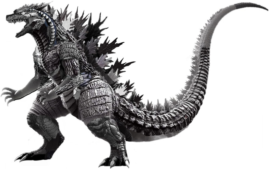 Godzilla illustration with a spiked tail and textured skin.